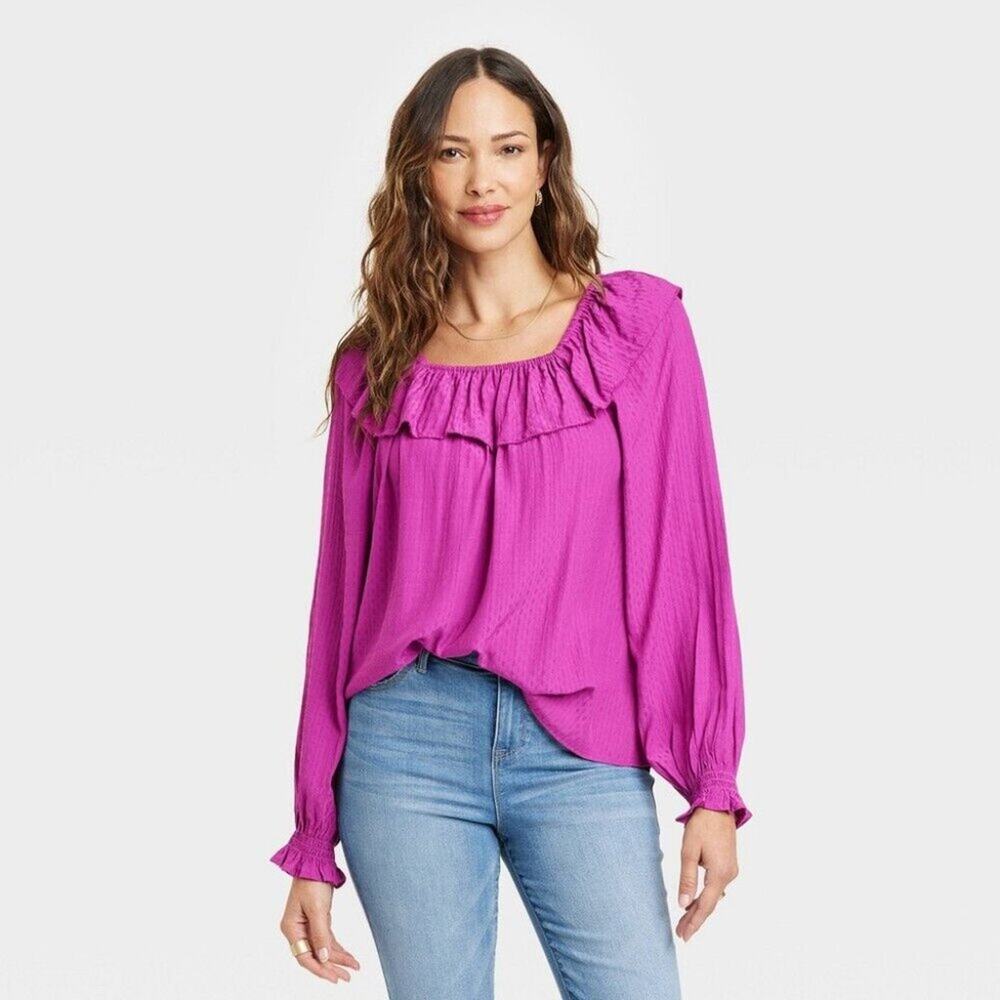 Knox Rose  Balloon Long Sleeve Ruffle Top Blouse Size Small